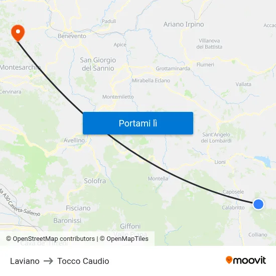 Laviano to Tocco Caudio map