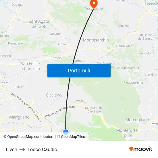 Liveri to Tocco Caudio map