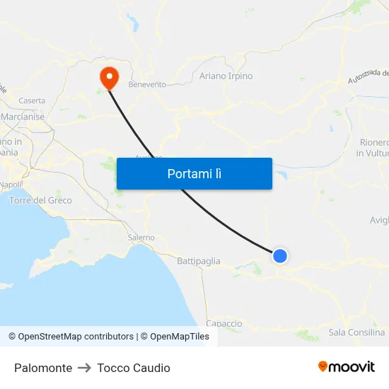 Palomonte to Tocco Caudio map