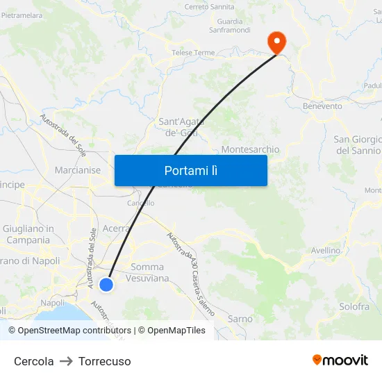 Cercola to Torrecuso map