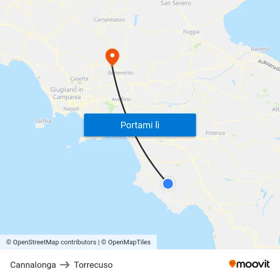 Cannalonga to Torrecuso map
