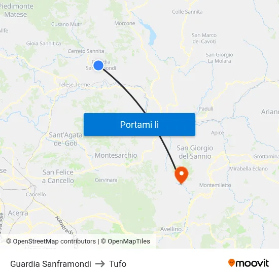 Guardia Sanframondi to Tufo map