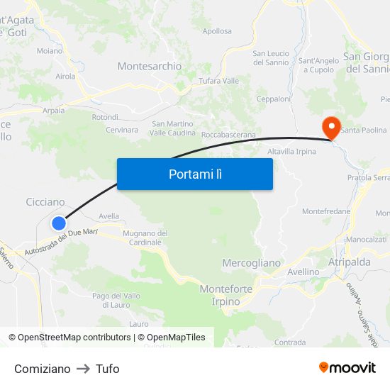 Comiziano to Tufo map