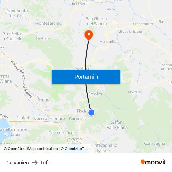 Calvanico to Tufo map