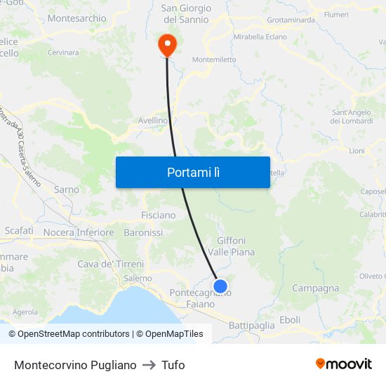Montecorvino Pugliano to Tufo map