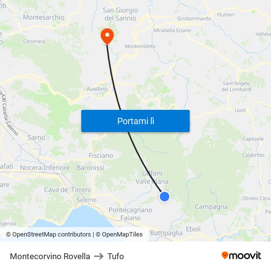 Montecorvino Rovella to Tufo map