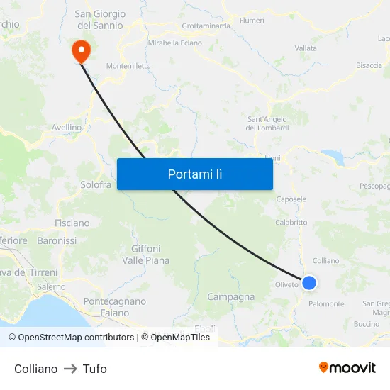 Colliano to Tufo map