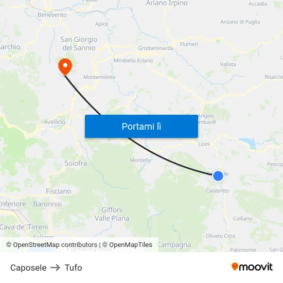 Caposele to Tufo map