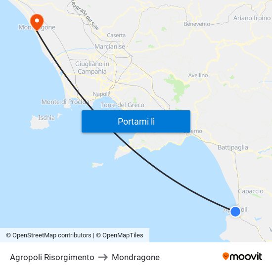 Agropoli Risorgimento to Mondragone map