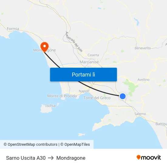 Sarno Uscita A30 to Mondragone map