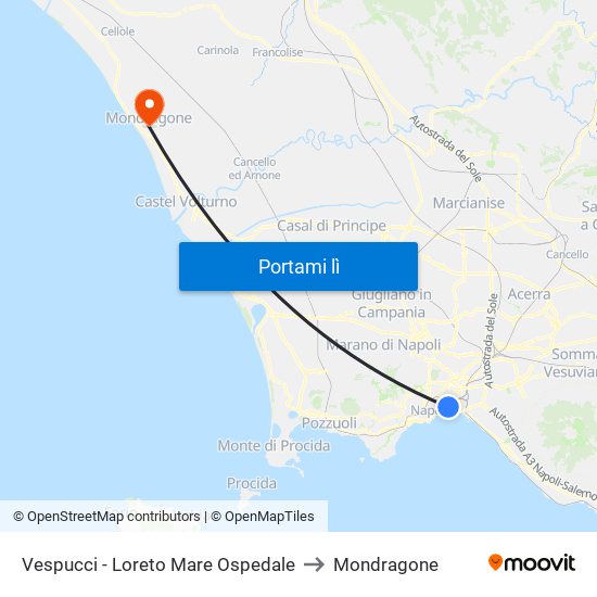 Vespucci - Loreto Mare Ospedale to Mondragone map