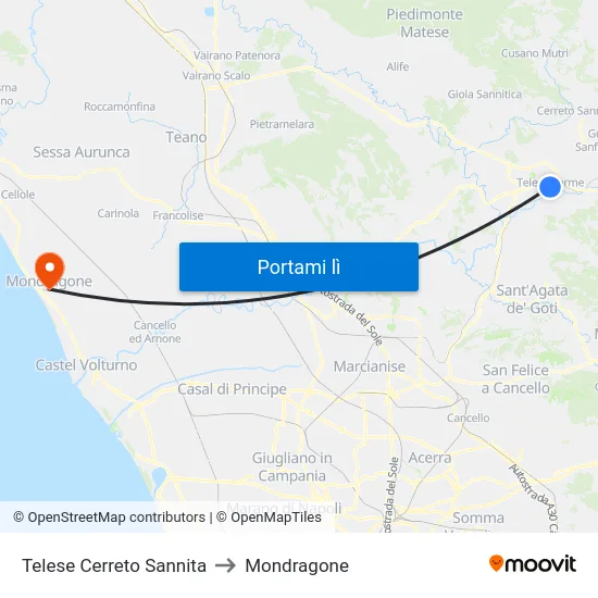 Telese Cerreto Sannita to Mondragone map