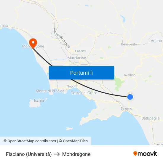 Fisciano (Università) to Mondragone map