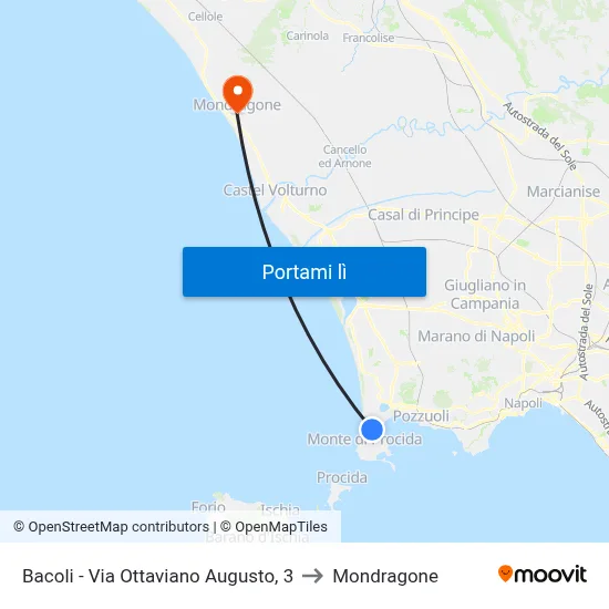 Bacoli - Via Ottaviano Augusto, 3 to Mondragone map
