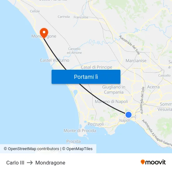 Carlo III to Mondragone map