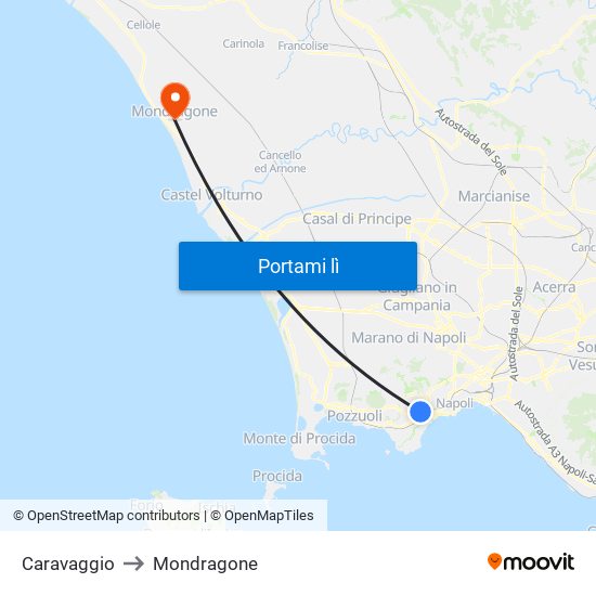 Caravaggio to Mondragone map