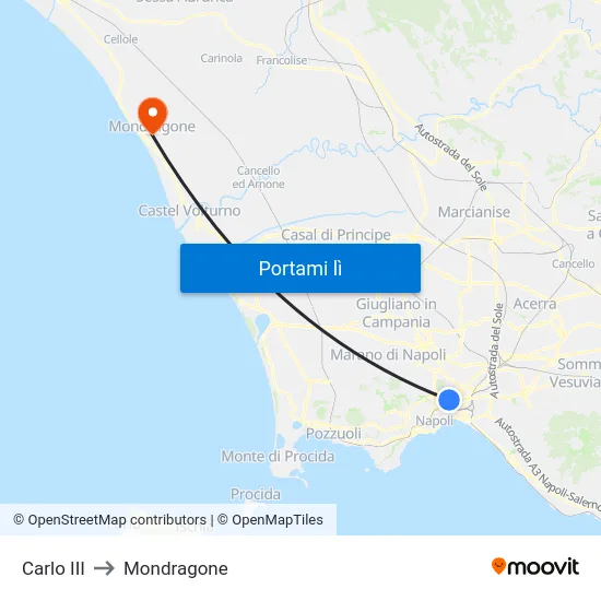 Carlo III to Mondragone map
