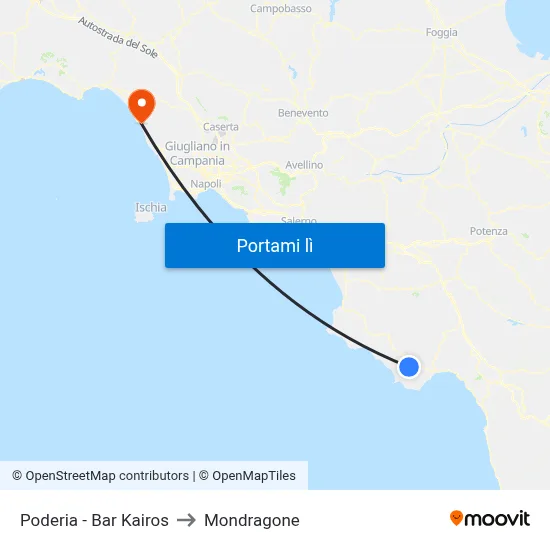 Poderia - Bar Kairos to Mondragone map