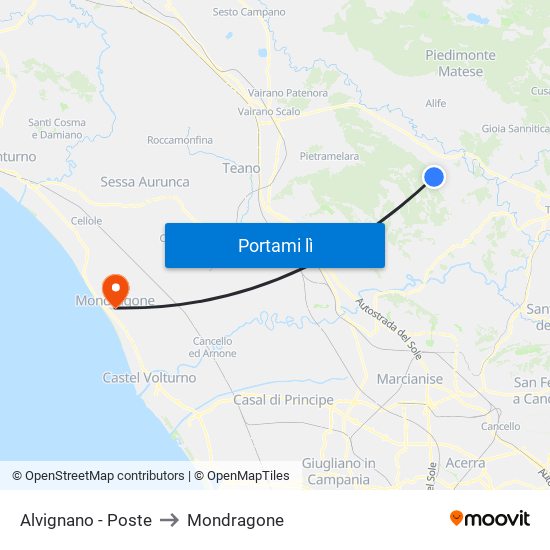 Alvignano - Poste to Mondragone map