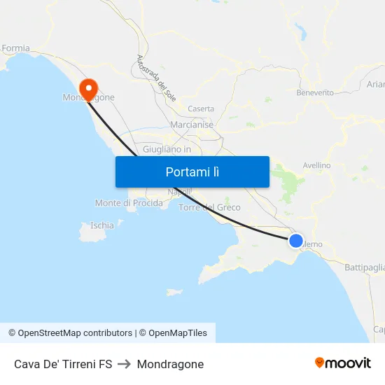 Cava De' Tirreni FS to Mondragone map