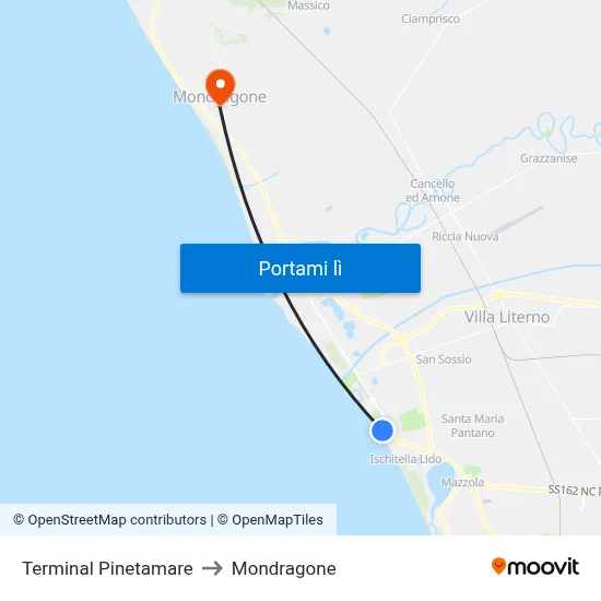 Terminal Pinetamare to Mondragone map