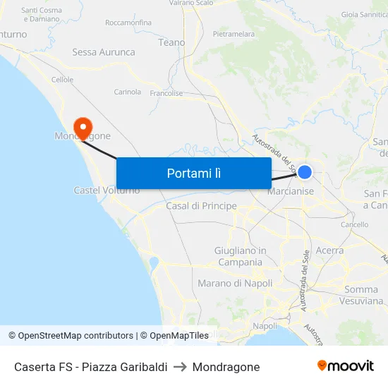 Caserta FS - Piazza Garibaldi to Mondragone map