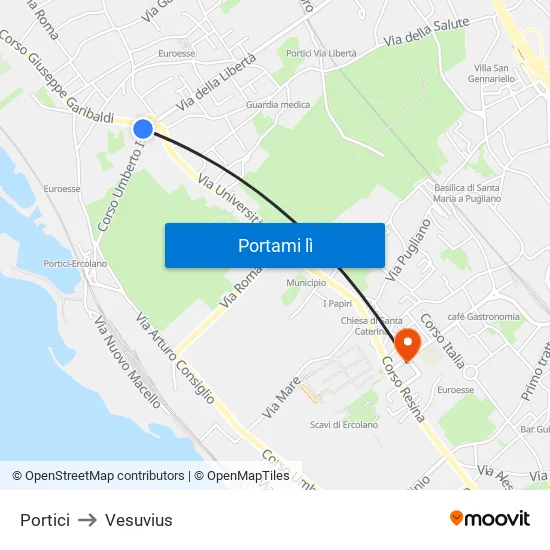 Portici to Vesuvius map