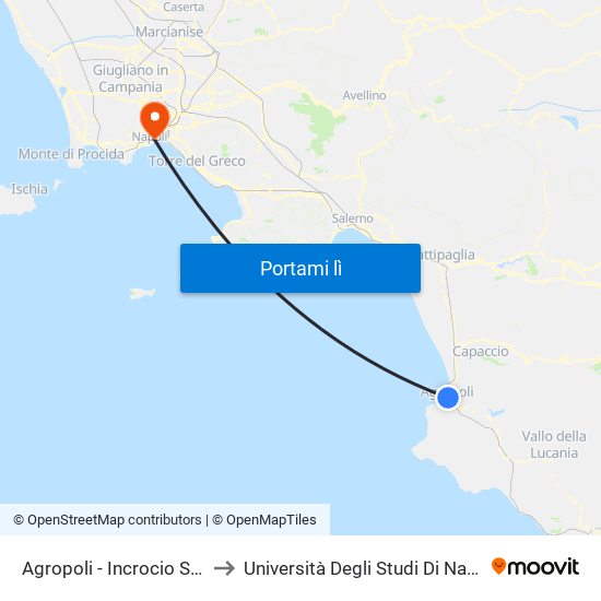 Agropoli - Incrocio Stazione Ff.Ss. to Università Degli Studi Di Napoli ""L'Orientale"" map