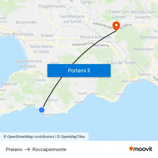 Praiano to Roccapiemonte map