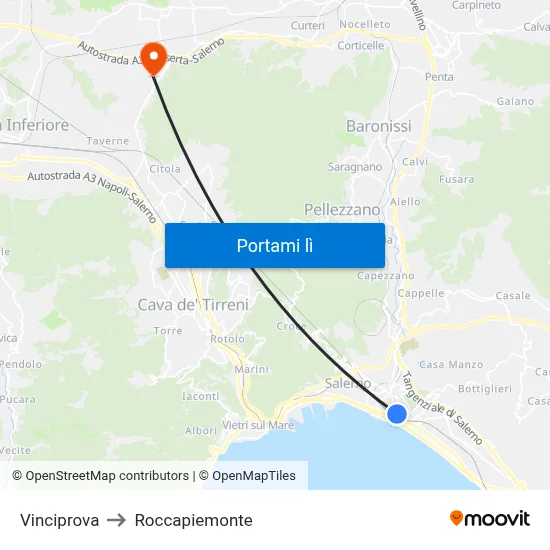 Vinciprova to Roccapiemonte map