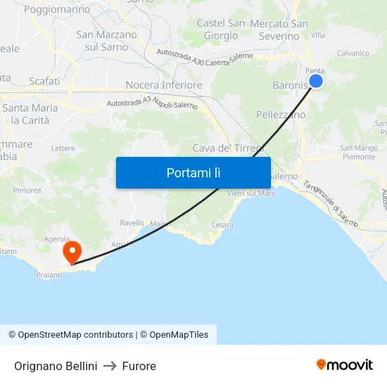 Orignano Bellini to Furore map