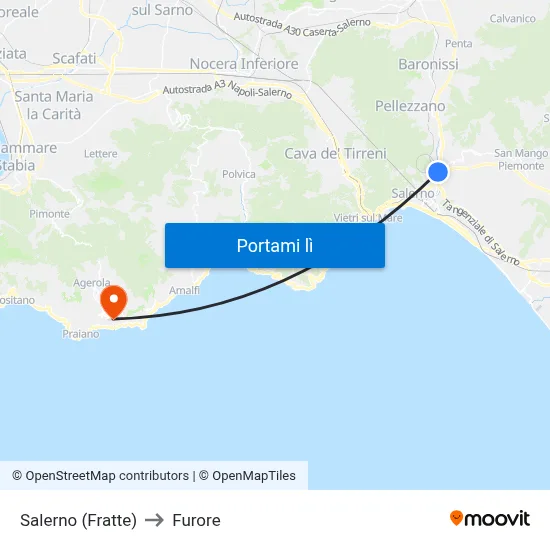 Salerno (Fratte) to Furore map