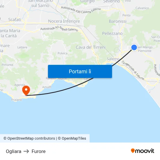Ogliara to Furore map