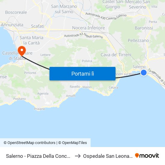 Salerno - Piazza Della Concordia to Ospedale San Leonardo map