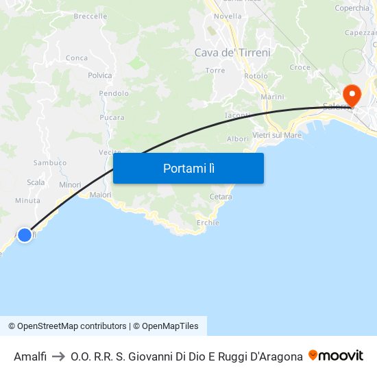 Amalfi to O.O. R.R. S. Giovanni Di Dio E Ruggi D'Aragona map