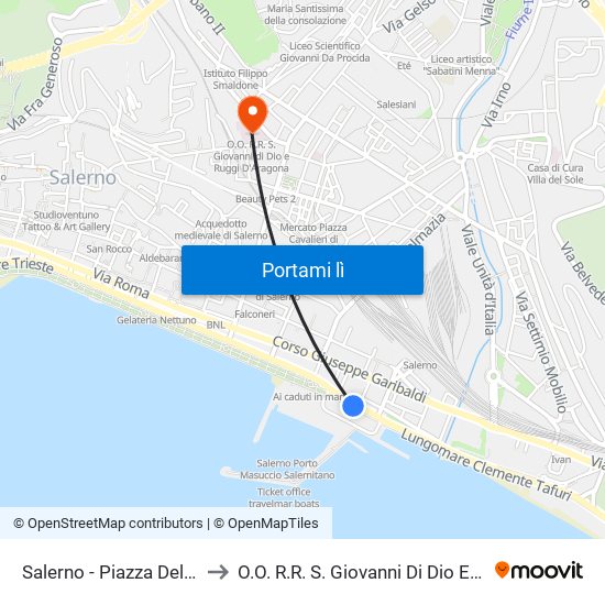 Salerno - Piazza Della Concordia to O.O. R.R. S. Giovanni Di Dio E Ruggi D'Aragona map