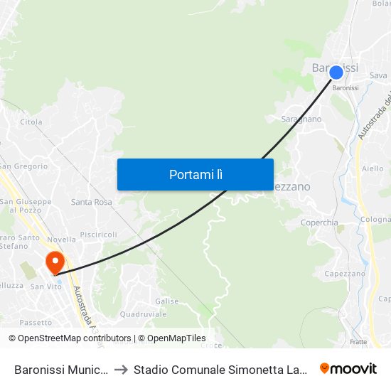 Baronissi Municipio to Stadio Comunale Simonetta Lamberti map