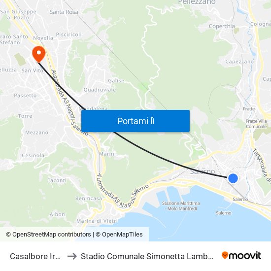 Casalbore Irno to Stadio Comunale Simonetta Lamberti map