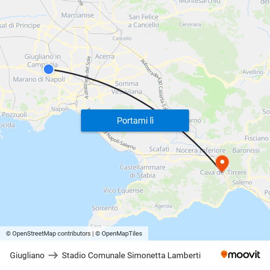 Giugliano to Stadio Comunale Simonetta Lamberti map