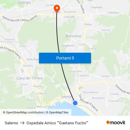 Salerno to Ospedale Amico ""Gaetano Fucito"" map