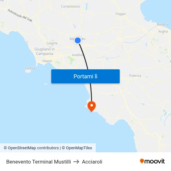 Benevento Terminal Mustilli to Acciaroli map