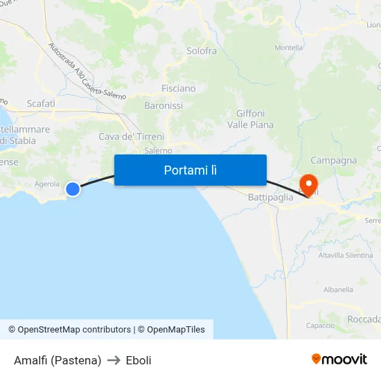 Amalfi (Pastena) to Eboli map