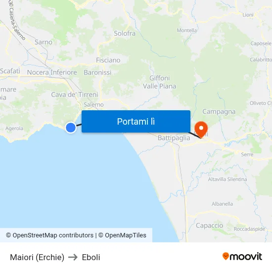 Maiori (Erchie) to Eboli map