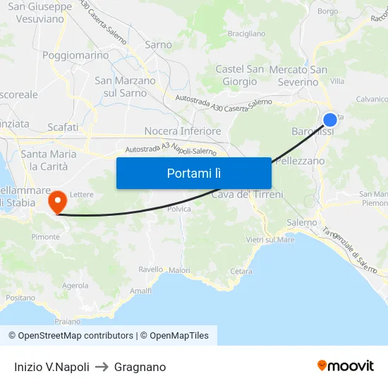 Inizio V.Napoli to Gragnano map
