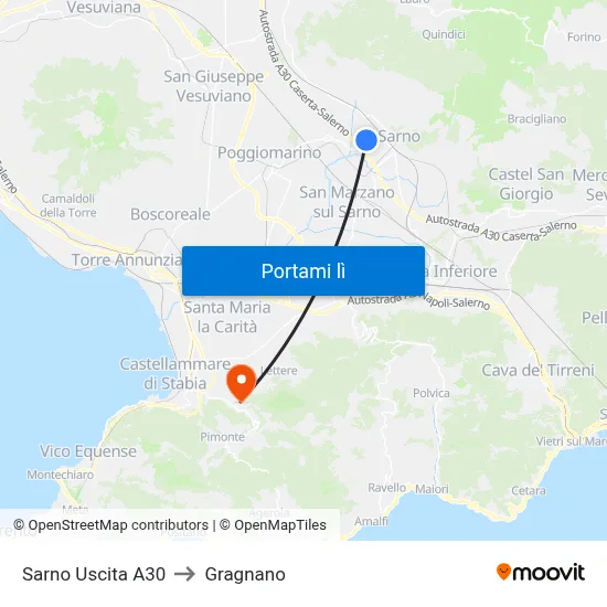Sarno Uscita A30 to Gragnano map