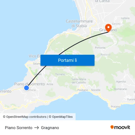 Piano Sorrento to Gragnano map