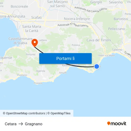 Cetara to Gragnano map