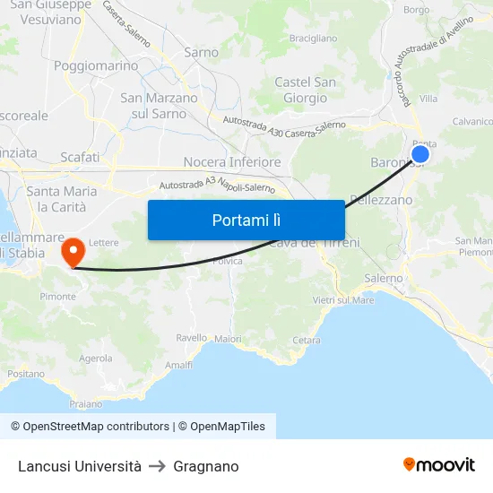 Lancusi Università to Gragnano map