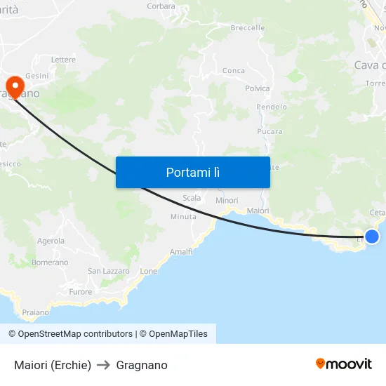 Maiori (Erchie) to Gragnano map