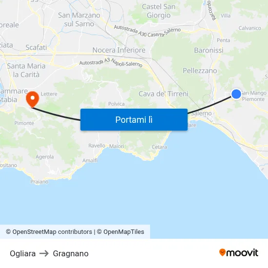 Ogliara to Gragnano map